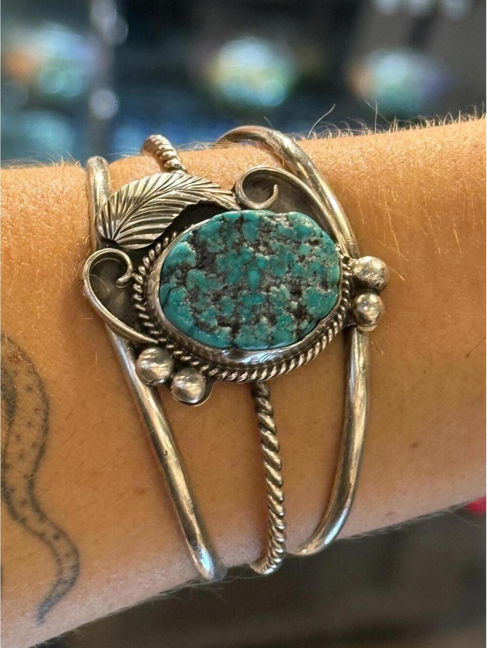 Vintage Sterling Silver Turquoise Cuff Bracelet Navajo Statement Southwestern